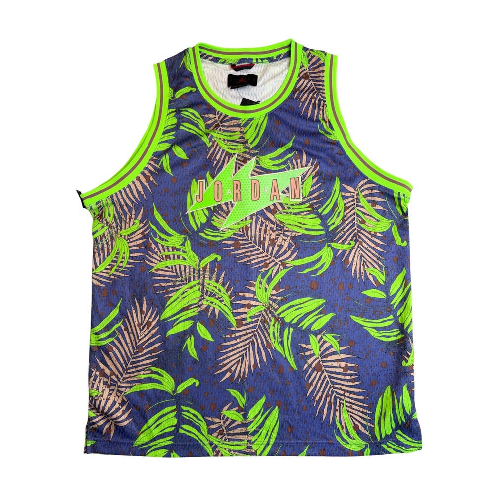 Jordan Tropical Palm Print Basketball Jersey Mens L Blue Green Neon Tank Top NWT
